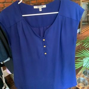 Blue silk like blouse. Gold buttons